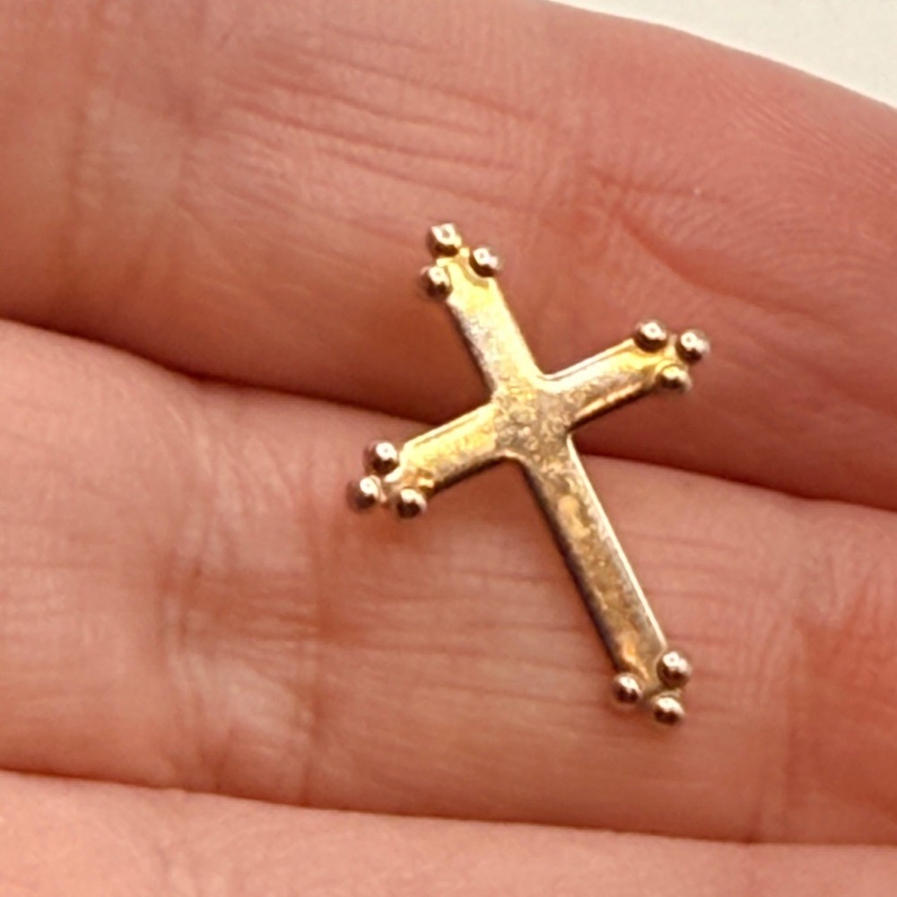 Vintage Gold Tone Cross Lapel Pin Triple Bead Accents Small Religious Tie Tack